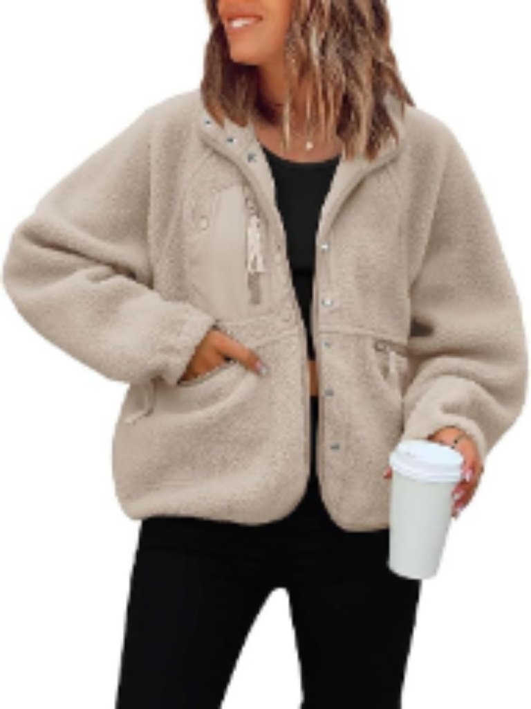 Fleece Sherpa Jacket Cropped Casual Lapel Button Down Winter Coat